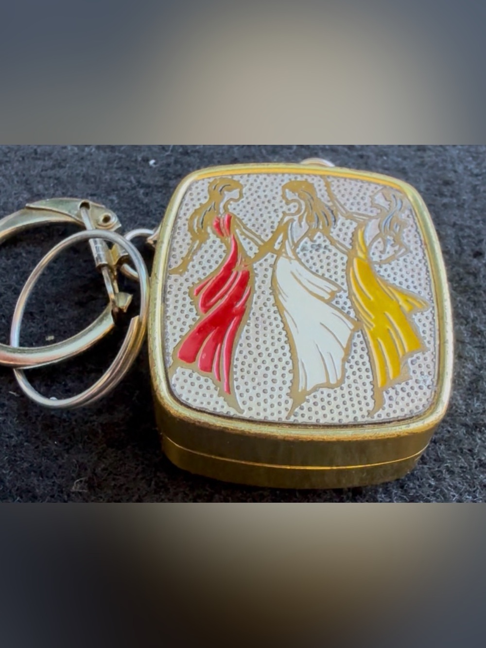 Sankyo Japanese Gold Dancing Women Keychain with Red, White & Yellow Accents